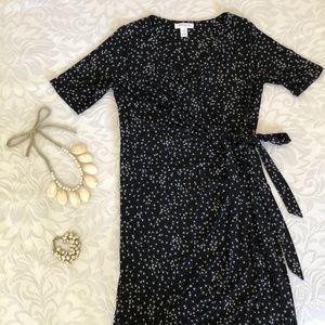 Black wrap maternity dress, dandelion pattern